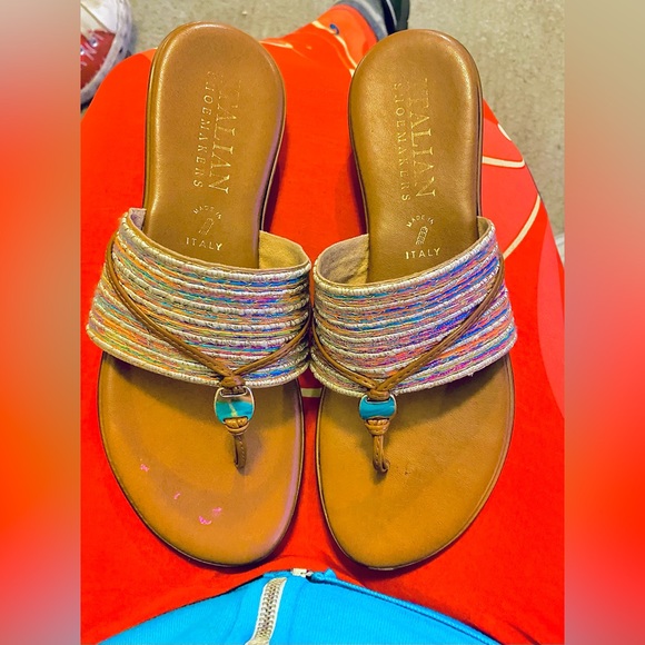 Italian Shoe Makers Soft Brown Leather Sandals Woven Metallic Rainbow Thong 9.5 - Picture 3 of 16